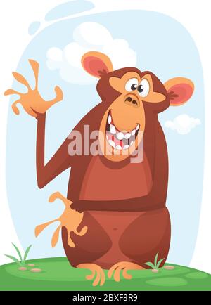 Carino personaggio scimmia cartoon Chimpanzee ondeggiando mano e presentazione. Isolato su semplice sfondo naturale. Illustrazione vettoriale Illustrazione Vettoriale