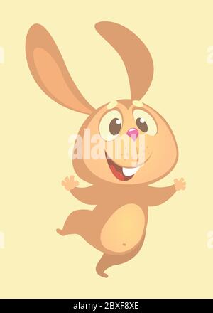 Cartone animato simpatico coniglio bunny danza eccitato. Illustrazione vettoriale semplificata a colori brillanti e piatte in un design stile Cartoon divertente Illustrazione Vettoriale
