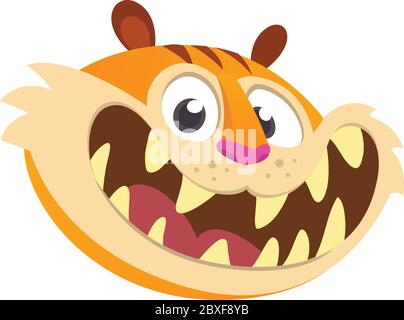 Icona di una tigre carina che mostra i denti. Illustrazione vettoriale semplificata a colori brillanti e piatte in un design stile Cartoon divertente Illustrazione Vettoriale