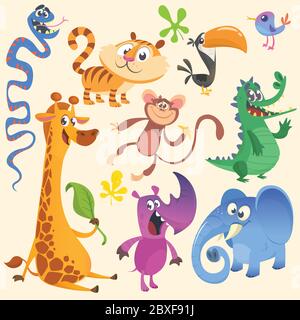 Cartone animato africano o animale giungla. Cartoni animati selvatici collezioni di animali carini . Illustrazione vettoriale. Coccodrillo alligatore, giraffe, scimpanzé scimmia, a. Illustrazione Vettoriale
