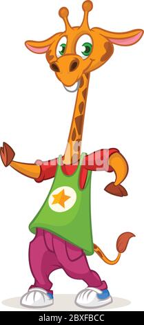 Giraffa cartoon danzante. Illustrazione vettoriale di hip-hop o discoteca hip-hop felice giraffe danzante. Design per mascotte, poster o icone Illustrazione Vettoriale
