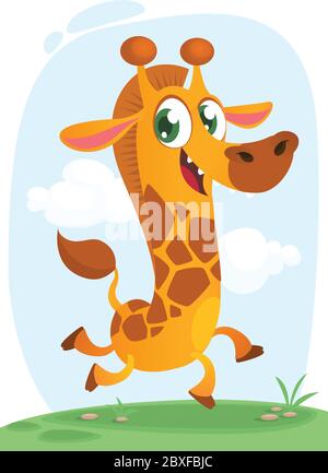 Giraffa fresco running. Illustrazione vettoriale di cartoon di giraffa eccitato che corre su un semplice sfondo savana. Isolato. Illustrazione Vettoriale