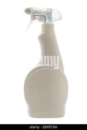 Flacone spray bianco in plastica con un'area vuota per aggiungere testo o immagine su uno sfondo bianco isolato con un tracciato di ritaglio Foto Stock