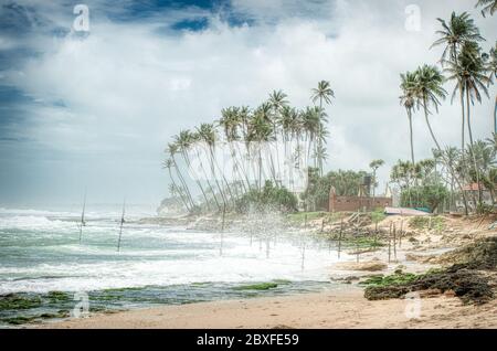 Sri Lanka palpita i pescatori bastoni in una giornata ventosa. I pescatori di palafitte dello Sri Lanka, che frequentano le spiagge del sud dell'isola, costituiscono uno dei Foto Stock