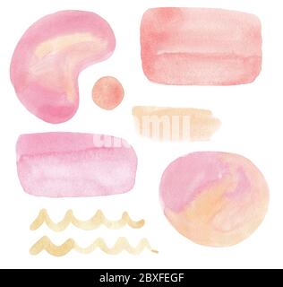 Acquerello insieme di forme estetiche, pennellate. Elementi astratti di colori pastello dipinti a mano, forme naturali isolate su bianco Foto Stock