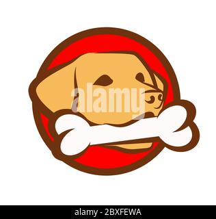 Cane con osso, adesivo piatto rotondo - emblema vettoriale con animale domestico in stile colorato isolato su bianco. Illustrazione Vettoriale