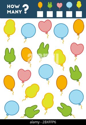 Gioco di conteggio per i bambini di Preschool. Educare un gioco matematico. Contare quanti elementi e scrivere il risultato! Bollature Illustrazione Vettoriale