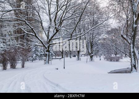 RIGA, LETTONIA - 3 GENNAIO 2017: Kronvalda Parchi nel centro di riga durante il giorno in inverno mostrando molta neve. Foto Stock