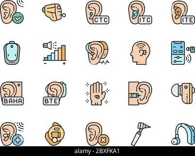 Set di icone a colori degli apparecchi acustici. Ear Canal, controllo volume, cuffie e molto altro. Illustrazione Vettoriale