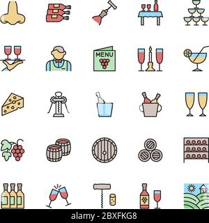 Set di icone della linea del colore del vino. Alcol, cocktail, cavatappi, cameriere e molto altro. Illustrazione Vettoriale