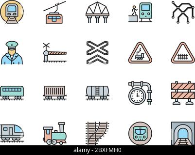 Set di icone delle linee a colori piatte delle ferrovie. Funicolare, metropolitana, locomotiva e molto altro Illustrazione Vettoriale