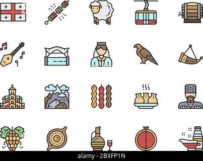 Set di icone della linea a colori piatti della cultura georgiana. Aquila, Montagne, dolci e molto altro Illustrazione Vettoriale