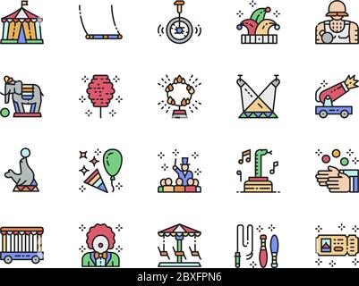 Set di icone della linea di colore Circus. Clown, Jester Hat, Elephant, Juggler e molto altro ancora. Illustrazione Vettoriale