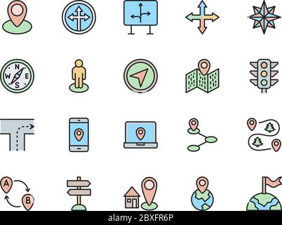 Set di icone della linea a colori di navigazione. Bussola, perno di posizione, Wind Rose e molto altro ancora. Illustrazione Vettoriale