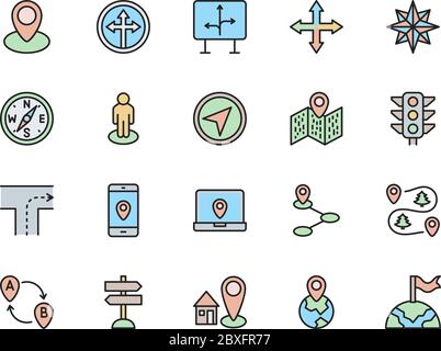 Set di icone della linea a colori di navigazione. Bussola, perno di posizione, Wind Rose e molto altro ancora. Illustrazione Vettoriale