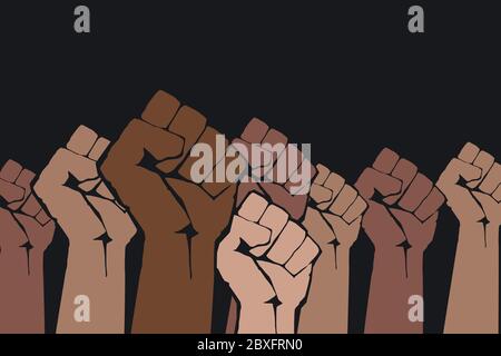 Fermare il razzismo. Molti pugno multicolore che protestano su sfondo scuro. Le vite nere contano. Razze diverse mani protesta, unità comunità interrazziale. MO Illustrazione Vettoriale