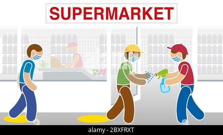 Impiegato del supermercato che indossa una maschera blu disinfettando le mani del cliente con alcool alla porta del negozio prima di entrare. Immagine vettoriale Illustrazione Vettoriale