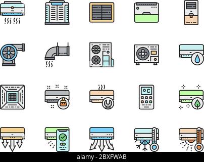 Set di icone della linea di colori dell'aria condizionata. Sistema multi-split, umidificatore e altro ancora Illustrazione Vettoriale