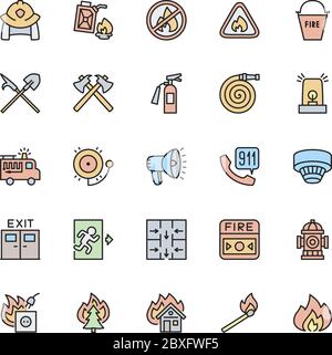 Set di icone delle linee colorate dei vigili del fuoco. Vigili del fuoco, piano di evacuazione, idranti e molto altro ancora. Illustrazione Vettoriale