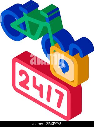 servizi di condivisione bici 24 ore su 24, illustrazione vettoriale con icone isometriche Illustrazione Vettoriale