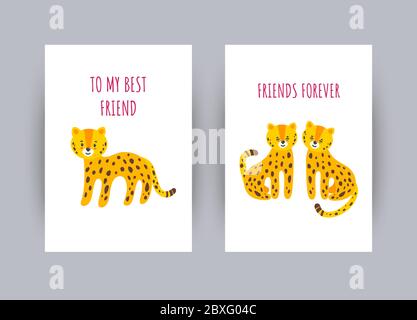Biglietto d'auguri con leopardi impressionanti. Carte circa amicizia con carino carattere leopardo. Illustrazione vettoriale in stile piatto Illustrazione Vettoriale