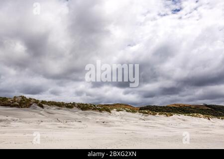 Vista sulla spiaggia delle isole Archway con dune di sabbia sulla spiaggia di Wharariki, Puponga, Isola del Sud della Nuova Zelanda. Foto Stock