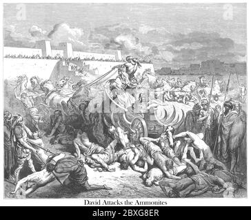 Davide punisce gli Ammoniti [David attacca gli Ammoniti] dal libro 'Bible Gallery' illustrato da Gustave Dore con Memoir of Dore e Letter-press descrittivo di Talbot W. Chambers D.D. Pubblicato da Cassell & Company Limited a Londra e contemporaneamente da Mame a Tours, Francia nel 1866 Foto Stock