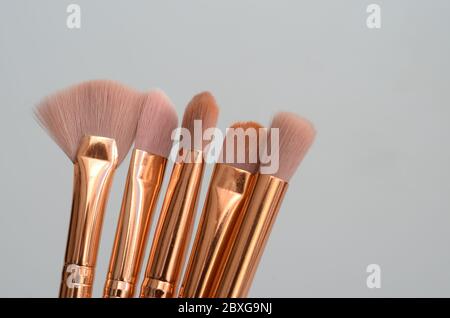 diversi pennelli rosa e oro per il trucco su sfondo chiaro Foto Stock