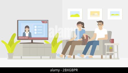 Donna, uomo e gatto seduti sul divano e guardando le ultime notizie sulla Smart tv in un accogliente soggiorno con reporter di notizie sullo schermo in stile cartoon piatto Illustrazione Vettoriale