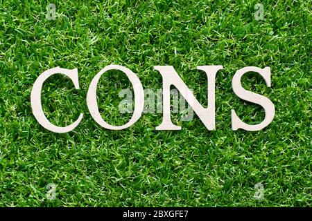 Alfabeto di legno in parole contro su fondo erba verde artificiale Foto Stock