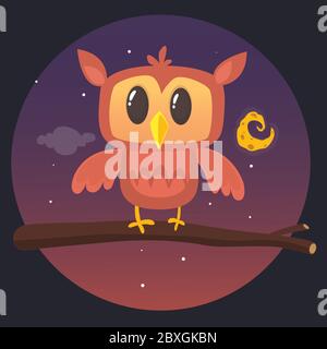 Illustrazione vettoriale di gufo di notte seduto sul ramo sullo sfondo con la luna e le stelle Illustrazione Vettoriale