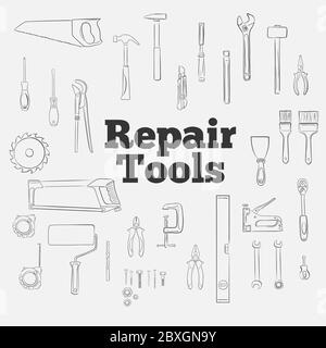 Icone degli strumenti di riparazione impostate in stile cartoon. Illustrazione Vettoriale