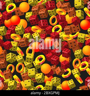 Astratto anelli d'oro sfere e dadi su nero Illustrazione Vettoriale