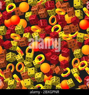 Astratto anelli d'oro sfere e dadi su nero Illustrazione Vettoriale