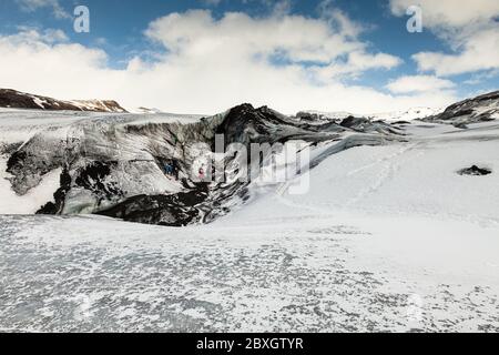 Ghiacciaio di Solheimjokull, Route 1, South Coast, Ring Road, Islanda Foto Stock