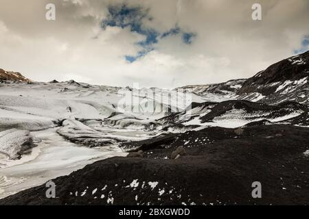 Ghiacciaio di Solheimjokull, Route 1, South Coast, Ring Road, Islanda Foto Stock