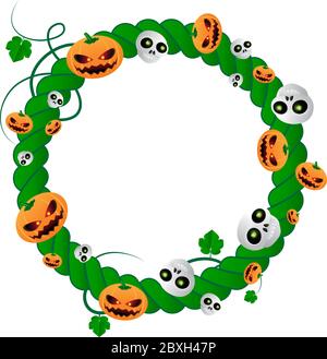 Vettore cornice rotonda per Halloween vacanza di pianta verde con teschi e zucche. Illustrazione vettoriale con posizione per il testo isolato su sfondo bianco Illustrazione Vettoriale
