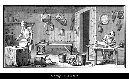 illustrazione del xviii secolo del negozio di busheler o di cooper bianco. Pubblicato in 'UNA Enciclopedia pittorica Diderot di mestieri e industria. Produzione di un Foto Stock