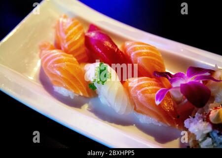 Selezione giapponese di sushi nigiri al Cyclo Spisebar, Bergen, Norvegia Foto Stock