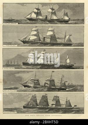 Un giorno di navigazione da Liverpool, 24 agosto 1872. Allan Line, Scandinavo. Linea Cunard, Hecla, linea Nazionale, Spagna. Inman Line, città di Londra. Linea bianca della sta, Atlantico Foto Stock