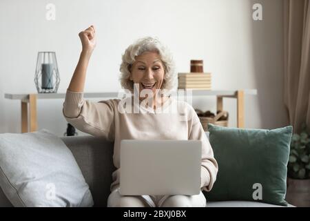 Una donna anziana entusiasta riceve un messaggio inatteso sul notebook Foto Stock