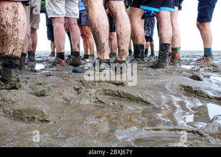 Escursioni a piedi su terreni fangati (Wadlopen, Wattwandern, Vadehavsvandring) tra i Paesi Bassi continentali (Frisia) e l'isola di Ameland Foto Stock