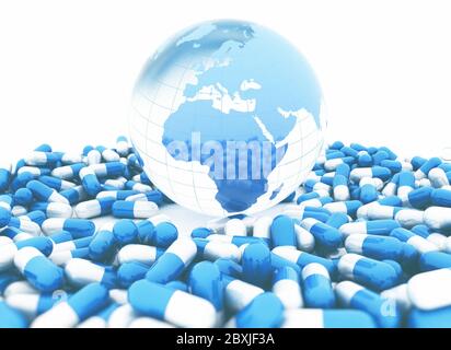 Pillole di medicina e mondo isolato su bianco. Illustrazione 3D Foto Stock