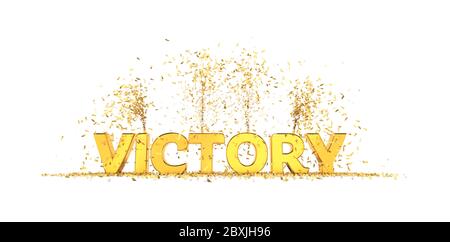 Word Victory con lettere dorate confetti, rendering 3D su sfondo bianco Foto Stock