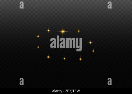 Set di effetti luminosi gialli isolati con bagliore, luce parassita, esplosione, glitter, linea, flash solare, scintilla e stelle. Design astratto di elementi ad effetto speciale. Foto Stock