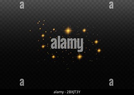 Set di effetti luminosi gialli isolati con bagliore, luce parassita, esplosione, glitter, linea, flash solare, scintilla e stelle. Design astratto di elementi ad effetto speciale. Foto Stock