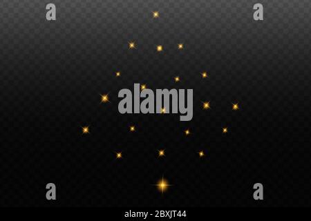 Set di effetti luminosi gialli isolati con bagliore, luce parassita, esplosione, glitter, linea, flash solare, scintilla e stelle. Design astratto di elementi ad effetto speciale. Foto Stock