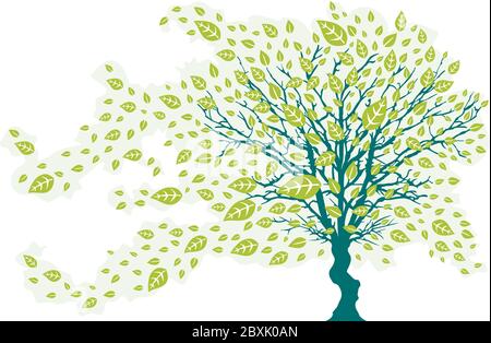 Albero nel vento con foglie verdi in caduta Illustrazione Vettoriale