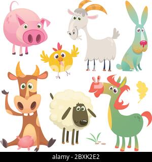 Set di animali da fattoria cartoon. Illustrazione vettoriale. Mucca, cavallo, pollo, coniglio conigliato, maiale, capra e pecora Illustrazione Vettoriale