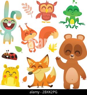 Animali boschivi cartoni animati. Illustrazione vettoriale. Grande set di cartoni animati animali boschivi illustrazione. Scoiattolo, gufo, coniglio conigliato, rana, chipmunk, volpe, b Illustrazione Vettoriale